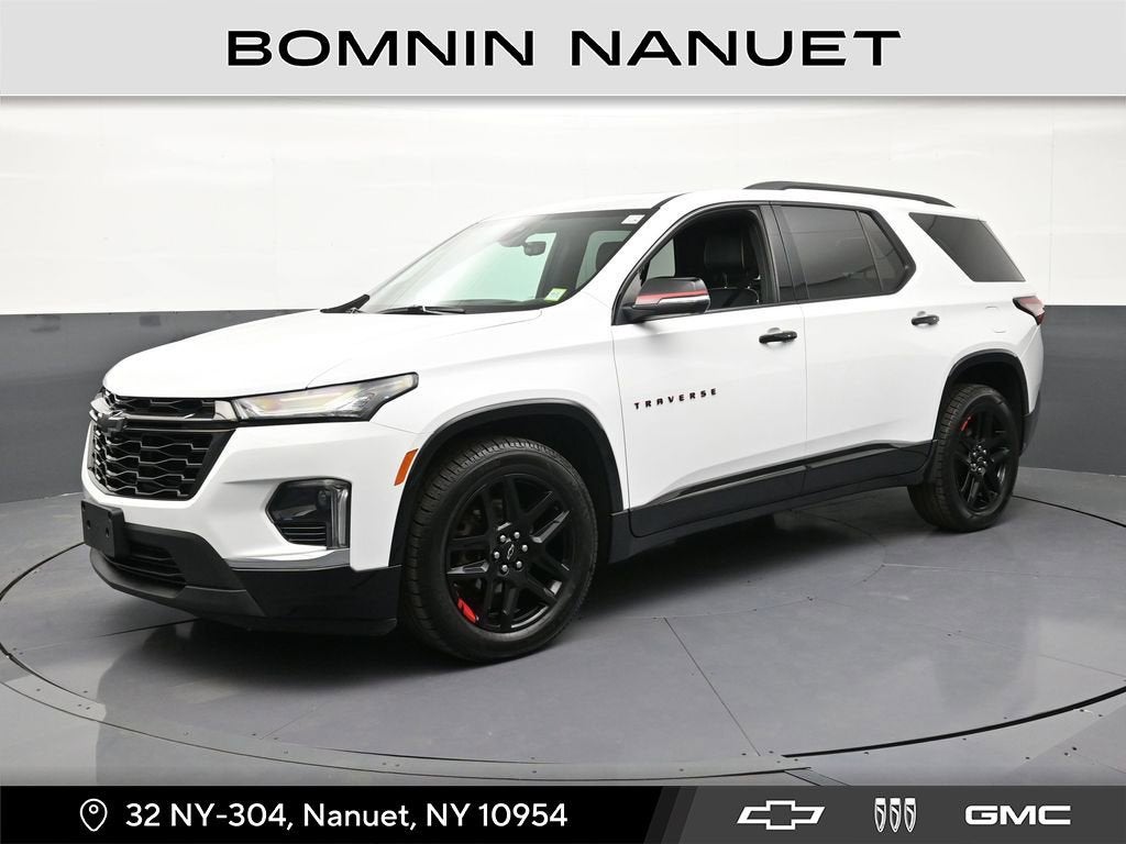 2023 Chevrolet Traverse Premier in Summit White — front three-quarter view