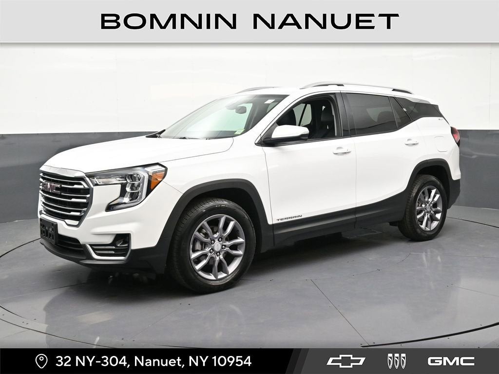 2023 GMC Terrain SLT in Summit White — front three-quarter view